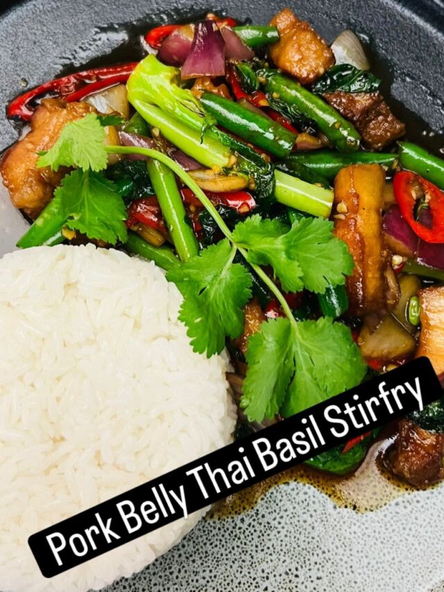 Spotlighting our Pork Belly Thai Basil Stir Fry — 

pork belly wok-tossed with chilli, garlic, and fresh Thai basil, all brought together in a punchy savoury sauce. Served with jasmine rice to soak up every drop 🍚🔥