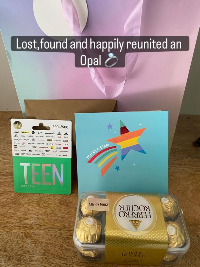 A few weeks ago, an opal ring was accidentally left behind. 💍

We carefully kept it safe, hoping that one day someone would come looking for it.
When its owner finally reached out, we were delighted to reunite her with the treasured piece that meant so much to her. 
 
Thank you for this beautiful card and goodies💛
It’s moments like these that remind us why hospitality is so rewarding. The trust, kindness, and connections we share with our community makes what we do truly special.