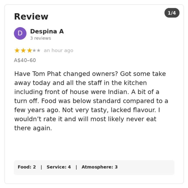 25 years of calling Australia home, and we've finally found someone who has a problem with the colour of our skin.

Apparently, our ethnicity doesn't pair well with South East Asian cuisine. 😂

Sorry, bigotry isn't on our menu.

#BrownAndProud
#SpiceNotPrejudice
#RacismIsNotAReview