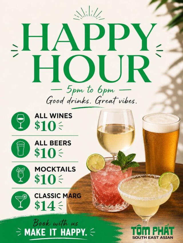 Happy Hour at Tom Phat 🍻
That perfect pre-dinner drinks slot.
Swing by from 5–6pm, Tuesday–Sunday for:
✨ $10 beers
✨ $10 wines
✨ $14 margaritas
Whether you’re easing out of work mode, catching up with friends, or kicking off your evening or weekends, it’s a solid hour to settle in with a drink before dinner.

See you soon — or book your table and make an evening of it. 🍸🍷🍺