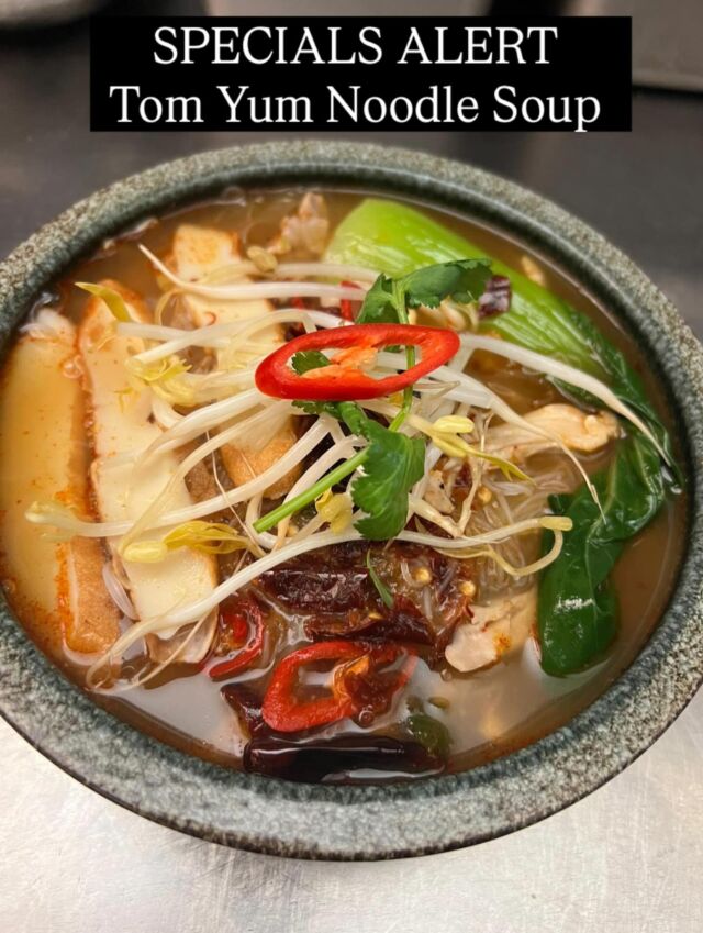 A comforting bowl of Tom Yum Noodle Soup — Beautifully balanced tangy broth infused with Thai-style spices that’s light, vibrant and loaded with:
Tender shredded chicken
Savoury fish sticks
Silky rice vermicelli noodles
It’s zesty, satisfying, and perfect for when you’re craving something warm yet refreshing.

Available now on our specials menu — come try it!